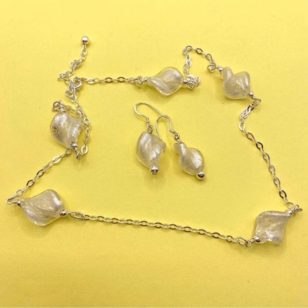Silvertone Glass Twist Bead Necklace & Earrings Set - Picture 6 of 7